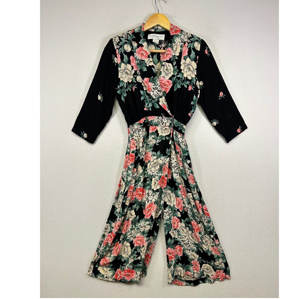 Vintage 90s Tareti Petites Women 2 Black Floral Wide Leg Wrap Jumpsuit USA Made